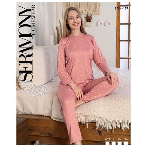 Seramony Srm157 Bayan Milan Ultra Soft Boydan Düğmeli Uzun Kollu Pijama Takımı S-2XL