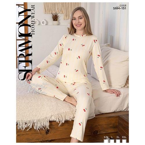 Seramony Srm151 Bayan Milan Ultra Soft Boydan Düğmeli Uzun Kollu Pijama Takımı S-2XL