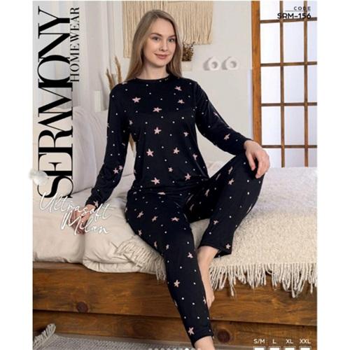 Seramony Srm156 Bayan Milan Ultra Soft Boydan Düğmeli Uzun Kollu Pijama Takımı S-2XL
