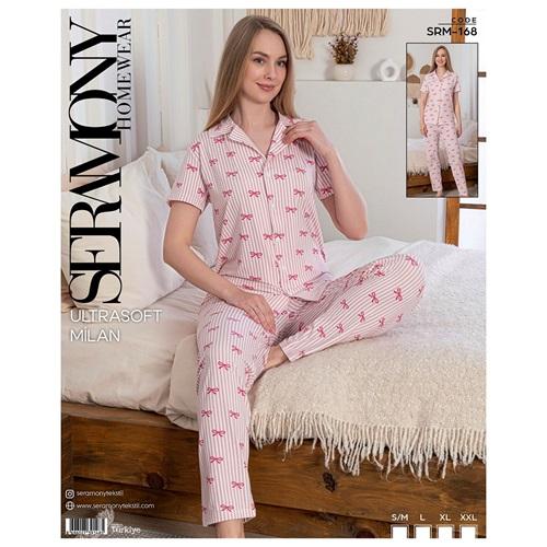 Seramony Srm168 Bayan Milan Ultra Soft Boydan Düğmeli Kısa Kollu Pijama Takımı S-2XL