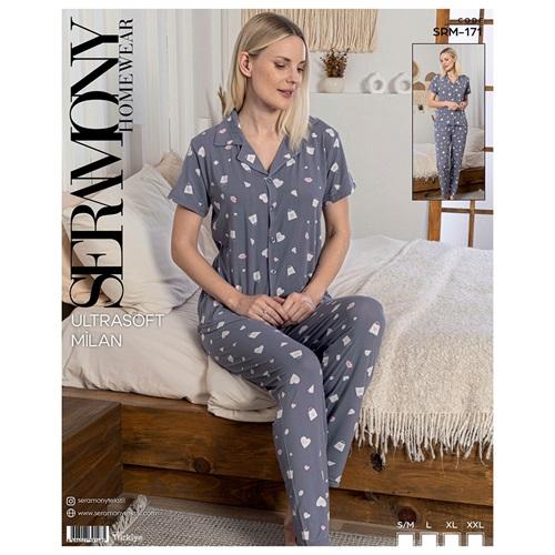 Seramony Srm171 Bayan Milan Ultra Soft Boydan Düğmeli Kısa Kollu Pijama Takımı S-2XL