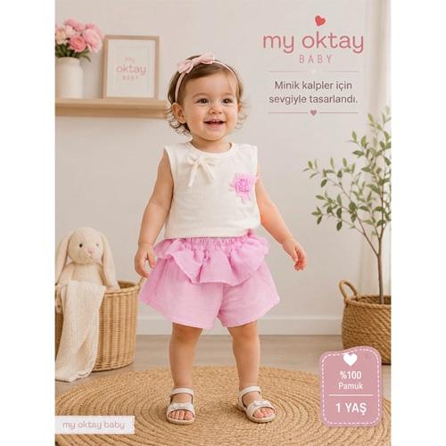 My Oktay 5334 Kız Bebe Müslin Çicek Nakışlı Şortlu Etekli Takım 6-24 Ay