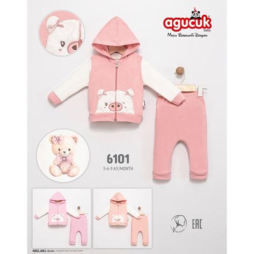 Agucuk Baby 6101 Kız Bebe Penye Sevimli Ayıcık Nakışlı 3 Lü Takım 3-9 Ay