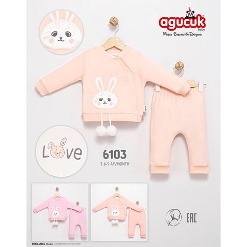 Agucuk Baby 6103 Kız Bebe Penye Sevimli Tavşan Nakışlı 3 Lü Takım 3-9 Ay