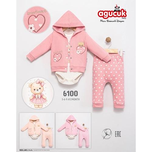 Agucuk Baby 6100 Kız Bebe Penye Sevimli Ayıcık Kalp Nakışlı 3 Lü Takım 3-9 Ay