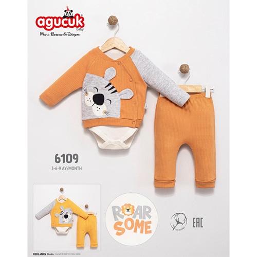 Agucuk Baby 6109 Erkek Bebe Sevimli Ayıcık Nakışlı 3 Lü Takım 3-9 Ay