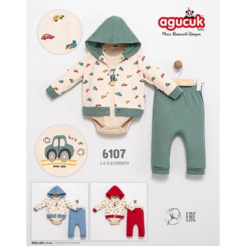Agucuk Baby 6107 Erkek Bebe Penye Araba Baskılı 3 Lü Takım 3-9 Ay