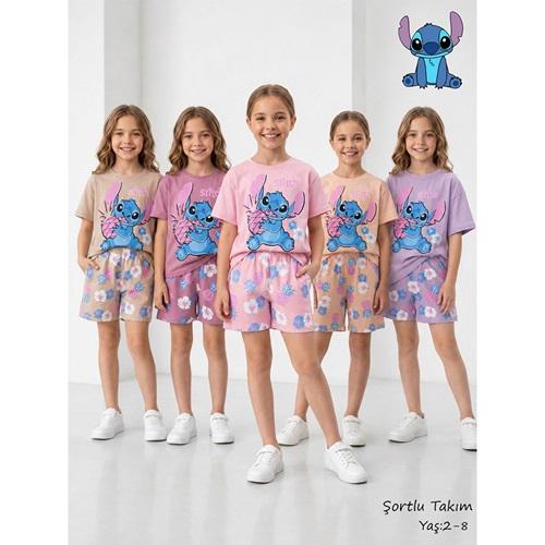Giydrop 4106 Kız Çocuk Penye Stitch Baskılı Şortlu Takım 2-8 Yaş