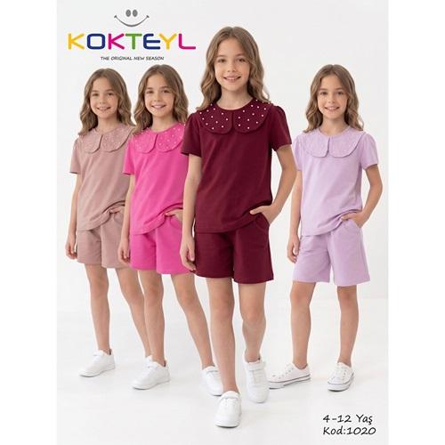 Kokteyl 1020 Kız Çocuk Penye İncili Bebe Yakalı Şortlu Takım 4-12 Yaş