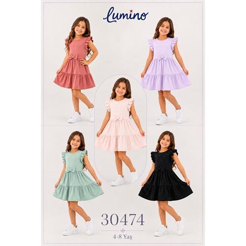 Lumino 30474 Kız Çocuk Penye Taş Baskılı Sıfır Kollu Elbise 4-8 Yaş