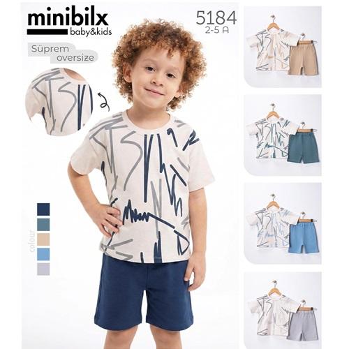 Minibilx 5184 Erkek Çocuk Penye Oversıze Çizgi Baskılı Şortlu Takım 2-5 Yaş