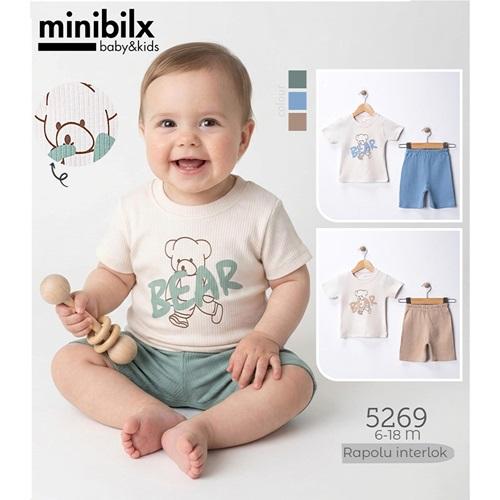 Minibilx 5229 Erkek Bebe Penye Rapolu İnterlok Bear Baskılı Şortlu Takım 6-18 Ay