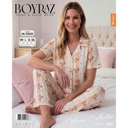 Boyraz Ml 02409 Bayan Milan Desenli Kısa Kol Boydan Düğmeli Pijama Takımı S-2XL