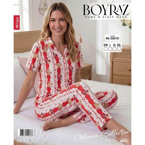 Boyraz Ml 02410 Bayan Milan Desenli Kısa Kol Boydan Düğmeli Pijama Takımı S-2XL