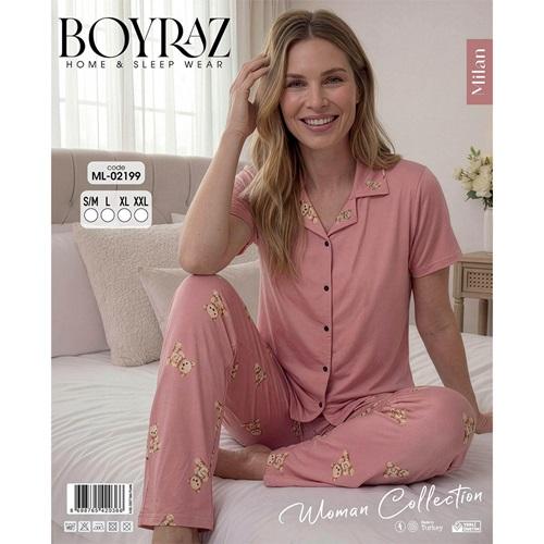Boyraz Ml 02199 Bayan Milan Desenli Kısa Kol Boydan Düğmeli Pijama Takımı S-2XL