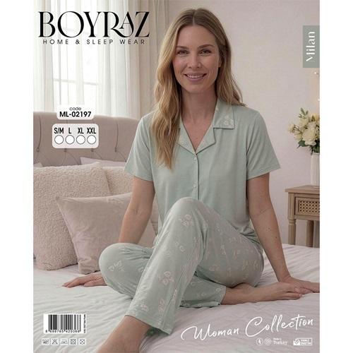 Boyraz Ml 02197 Bayan Milan Desenli Kısa Kol Boydan Düğmeli Pijama Takımı S-2XL
