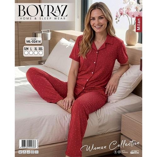 Boyraz Ml 02414 Bayan Milan Desenli Kısa Kol Boydan Düğmeli Pijama Takımı S-2XL