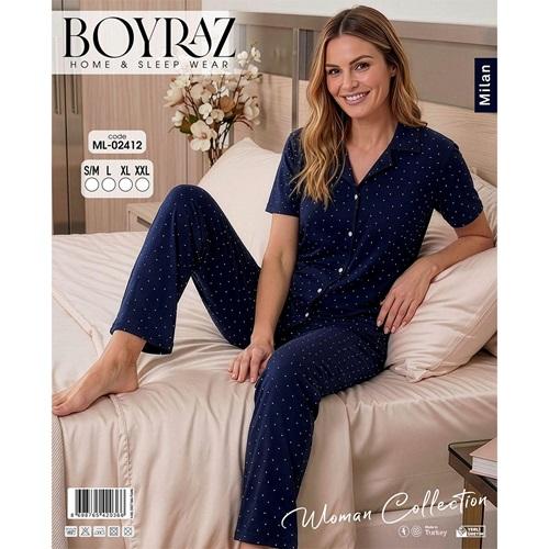 Boyraz Ml 02412 Bayan Milan Desenli Kısa Kol Boydan Düğmeli Pijama Takımı S-2XL