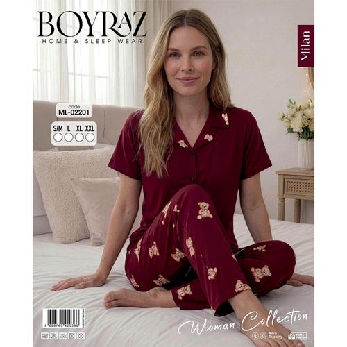 Boyraz Ml 02201 Bayan Milan Desenli Kısa Kol Boydan Düğmeli Pijama Takımı S-2XL