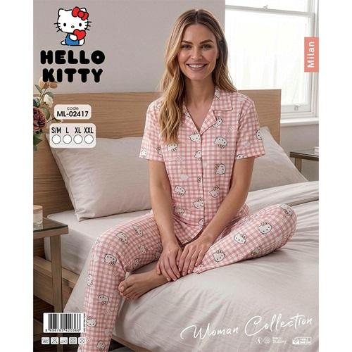 Hello Kıtty Ml 02417 Bayan Milan Desenli Kısa Kol Boydan Düğmeli Pijama Takımı S-2XL