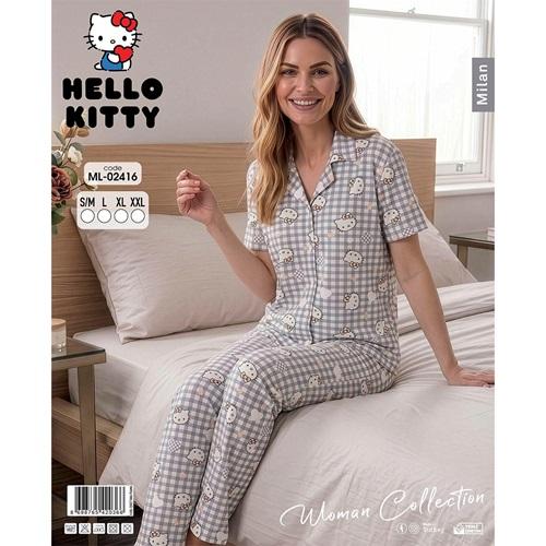 Hello Kıtty Ml 02416 Bayan Milan Desenli Kısa Kol Boydan Düğmeli Pijama Takımı S-2XL