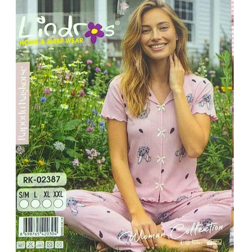 Lindros RK-02387 Bayan Raporlu Kaşkorse Desenli Kısa Kollu Pijama Takımı S-2XL