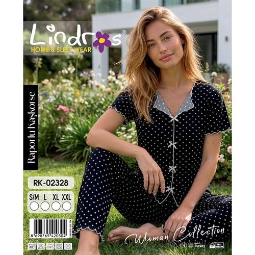 Lindros RK-02328 Bayan Raporlu Kaşkorse Desenli Kısa Kollu Pijama Takımı S-2XL
