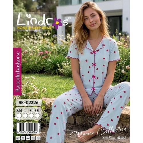 Lindros RK-02314 Bayan Raporlu Kaşkorse Desenli Kısa Kollu Pijama Takımı S-2XL