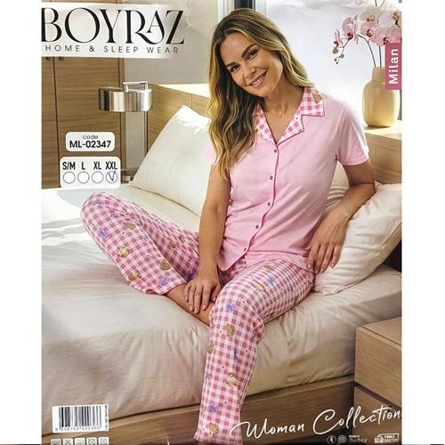 Boyraz Ml 02347 Bayan Milan Desenli Kısa Kol Boydan Düğmeli Pijama Takımı S-2XL