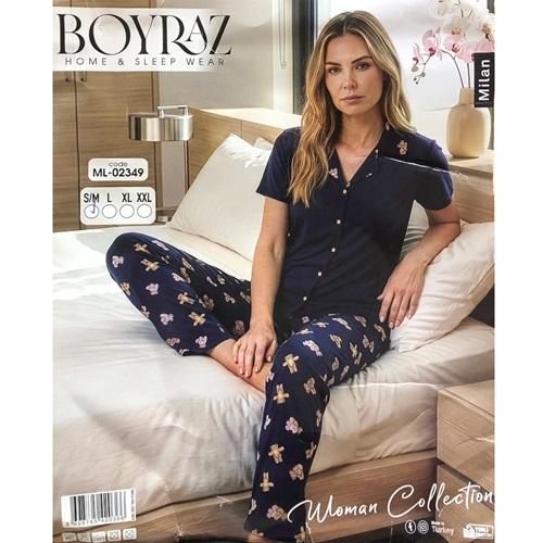 Boyraz Ml 02349 Bayan Milan Desenli Kısa Kol Boydan Düğmeli Pijama Takımı S-2XL