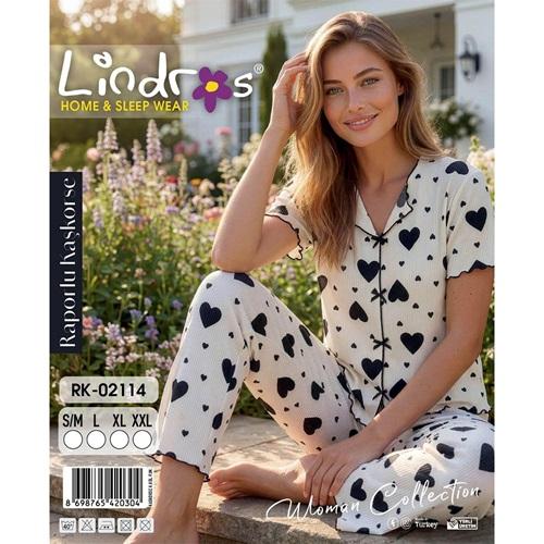 Lindros RK-02114 Bayan Raporlu Kaşkorse Desenli Kısa Kollu Pijama Takımı S-2XL