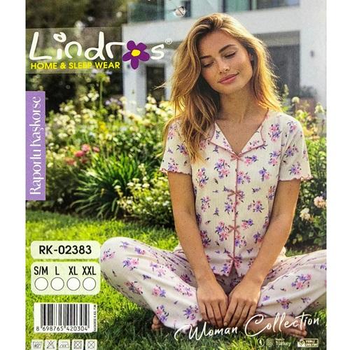Lindros RK-02383 Bayan Raporlu Kaşkorse Desenli Kısa Kollu Pijama Takımı S-2XL