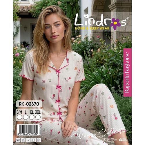 Lindros RK-02370 Bayan Raporlu Kaşkorse Desenli Kısa Kollu Pijama Takımı S-2XL