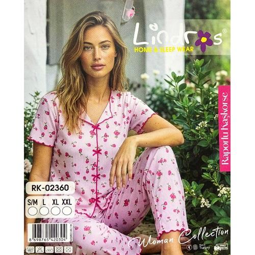 Lindros RK-02360 Bayan Raporlu Kaşkorse Desenli Kısa Kollu Pijama Takımı S-2XL