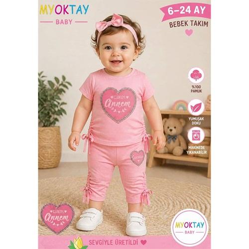 My Oktay 5741 Kız Bebe Penye Kalpli Canım Annem Nakışlı Şortlu Takım 6-24 Ay