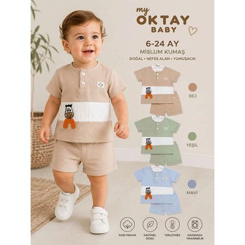 My Oktay 5773 Erkek Bebe Müslin Sevimli İnek Nakışlı Şortlu Takım 6-24 Ay