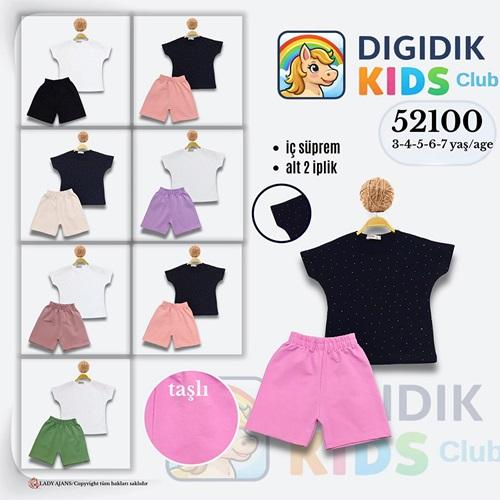 Dıgıdık Kids 52100 Kız Çocuk Penye Yarasa Kol Taş Baskılı Şortlu Takım 3-7 Yaş