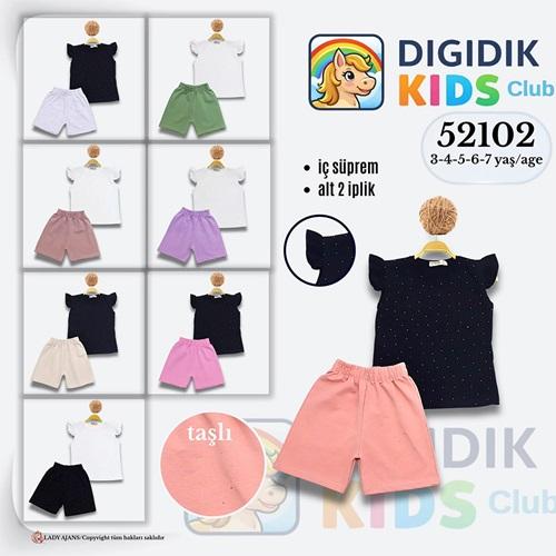 Dıgıdık Kids 52102 Kız Çocuk Penye Yarım Fırfır Kol Taş Baskılı Şortlu Takım 3-7 Yaş