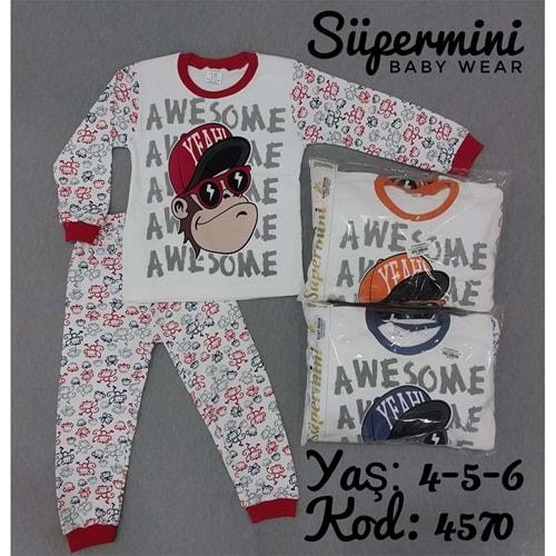 4570 Maymun Baskılı Penye Erkek Çocuk Pijama Takım 4-6 Yaş