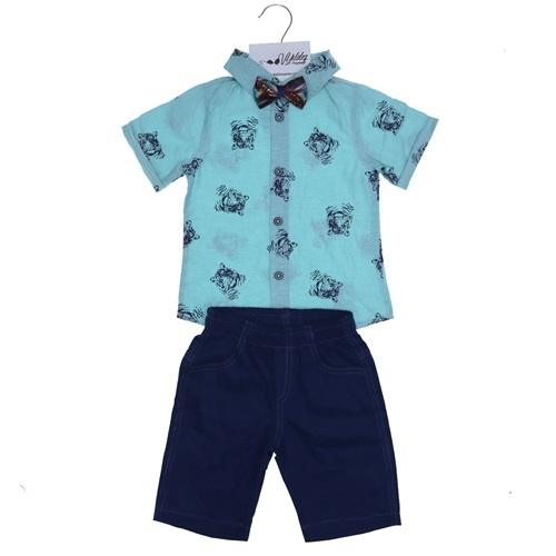 3039 Keten Şortlu Desenli Papyonlu İkili Takım 2-5 Yaş