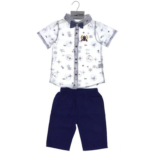 5004 Erkek Keten Şortlu Desenli Papyonlu İkili Takım 2-5 Yaş