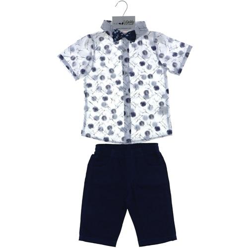 3022 Erkek Keten Şortlu Desenli Papyonlu İkili Takım 2-5 Yaş