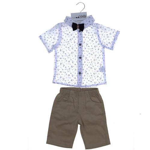 3025 Keten Şortlu Papyonlu Desenli İkili Takım 2-5 Yaş