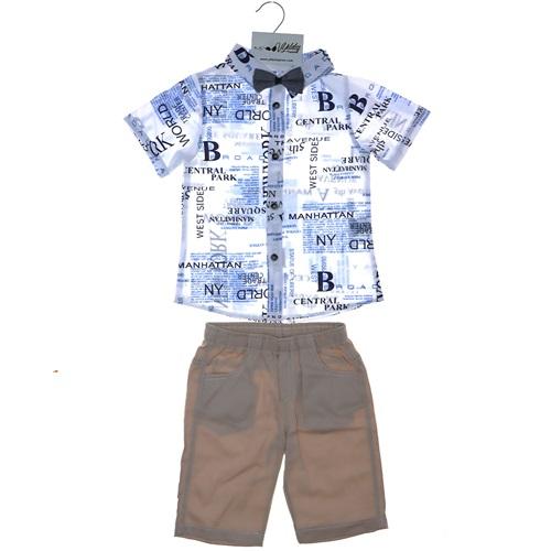 3008 Erkek Keten Şortlu Desenli Papyonlu İkili Takım 2-5 Yaş