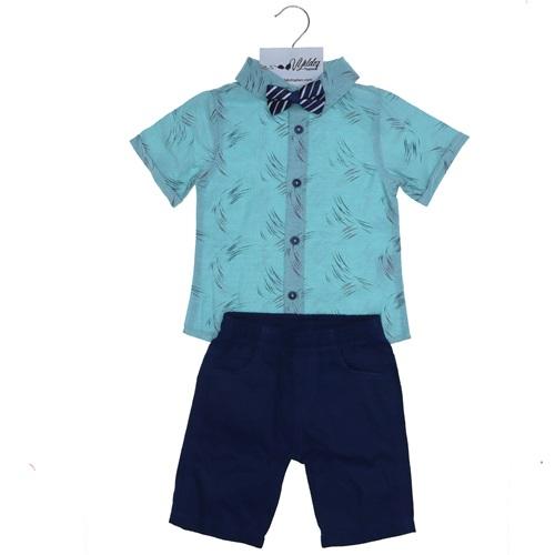 3041 Keten Şortlu Papyonlu Desenli İkili Takım 2-5 Yaş