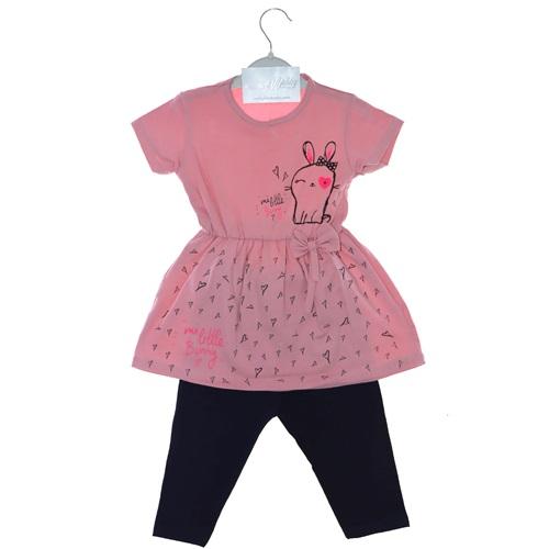 3677 Kız Çocuk Fiyonklu Desenli Penye Taytlı Takım 2-6 Yaş