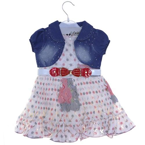 Kız Çocuk Eteği Pileli Puanlı Kot Bolerolu Elbise 1-3 Yaş