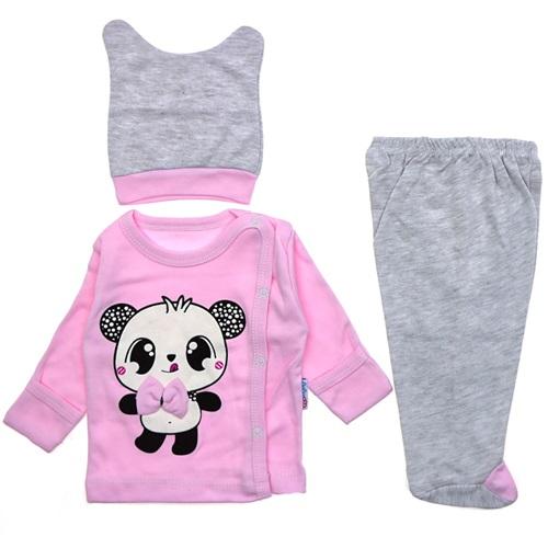 9201 Papyonlu Panda Baskılı Bereli 3 Parça Bebe Zıbın Takım 0-3 Ay
