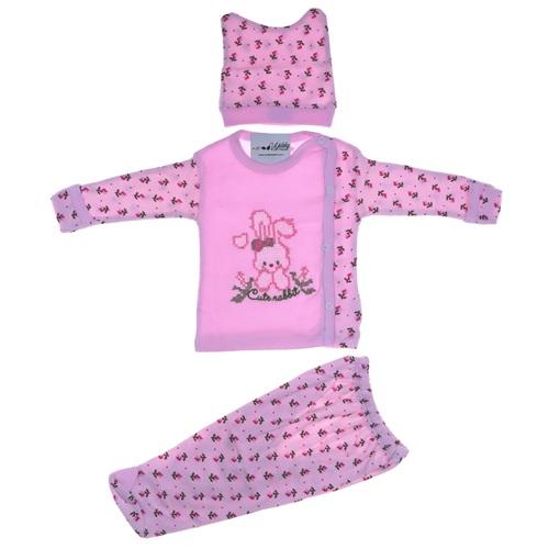 9105 Tavşan Nakışlı Bereli 3 Parça Bebe Zıbın Takım 0-3 Ay