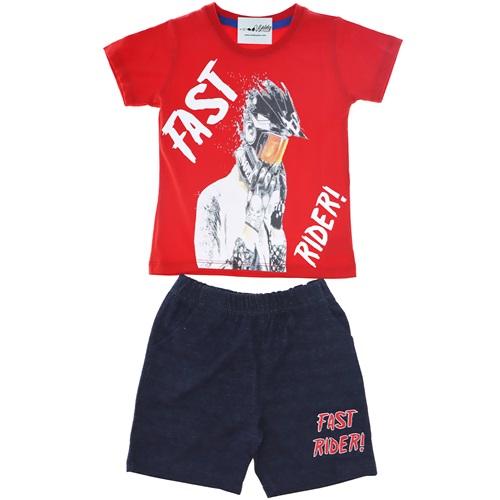 21-601 Fast Rider Motorcu Baskı Kesik Cep Erkek Çocuk Takım 3-6 Yaş
